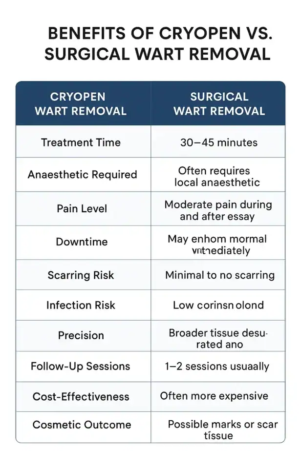Table showing the benefits of cryopen to remove warts Cheltenham compared to surgical treatment